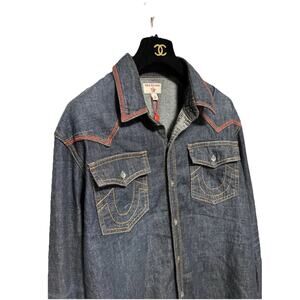 NWT True Religion Mens Large Blue Denim Western Released Hem Long Sleeve Shirt